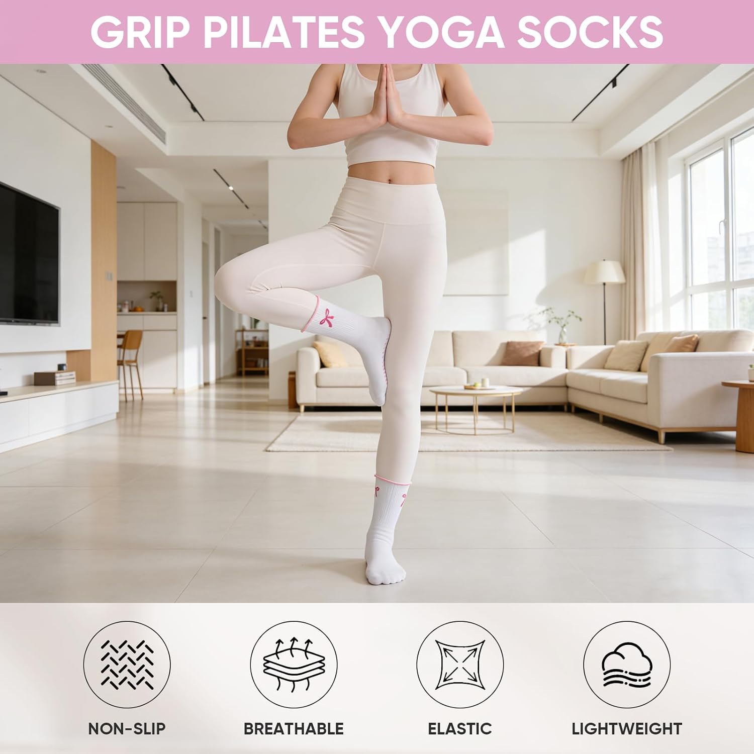 4 Pairs Cute Pilates Grip Socks for Women Girls Bow Hearts Cotton Crew Yoga Sock for Gym Ballet Hospital
