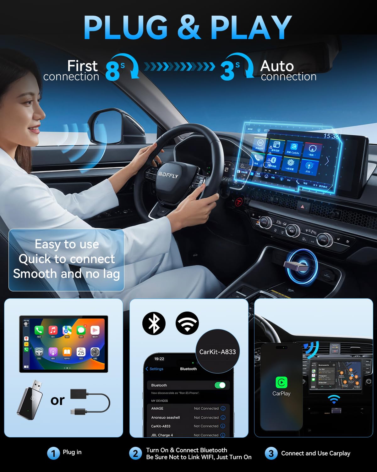 Adaptador CarPlay Inalámbrico 2025, Dongle USB Plug & Play para iPhone iOS 10+, Compatible con Coches con CarPlay (CP1-G)