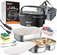 AnnieMiaDesign 1.5L Electric Lunch Box Heated Food Warmer - Dual Container Portable for Car Office Home Truck Black
