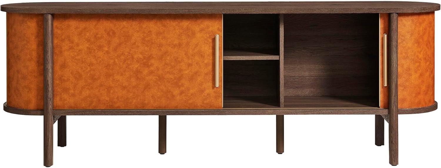 Modway Coralie 71 Inch Oval Leather TV Stand in Walnut Tan – Vintage Mid Century Modern Entertainment Center with Sliding Doors – Low-Profile Media Console