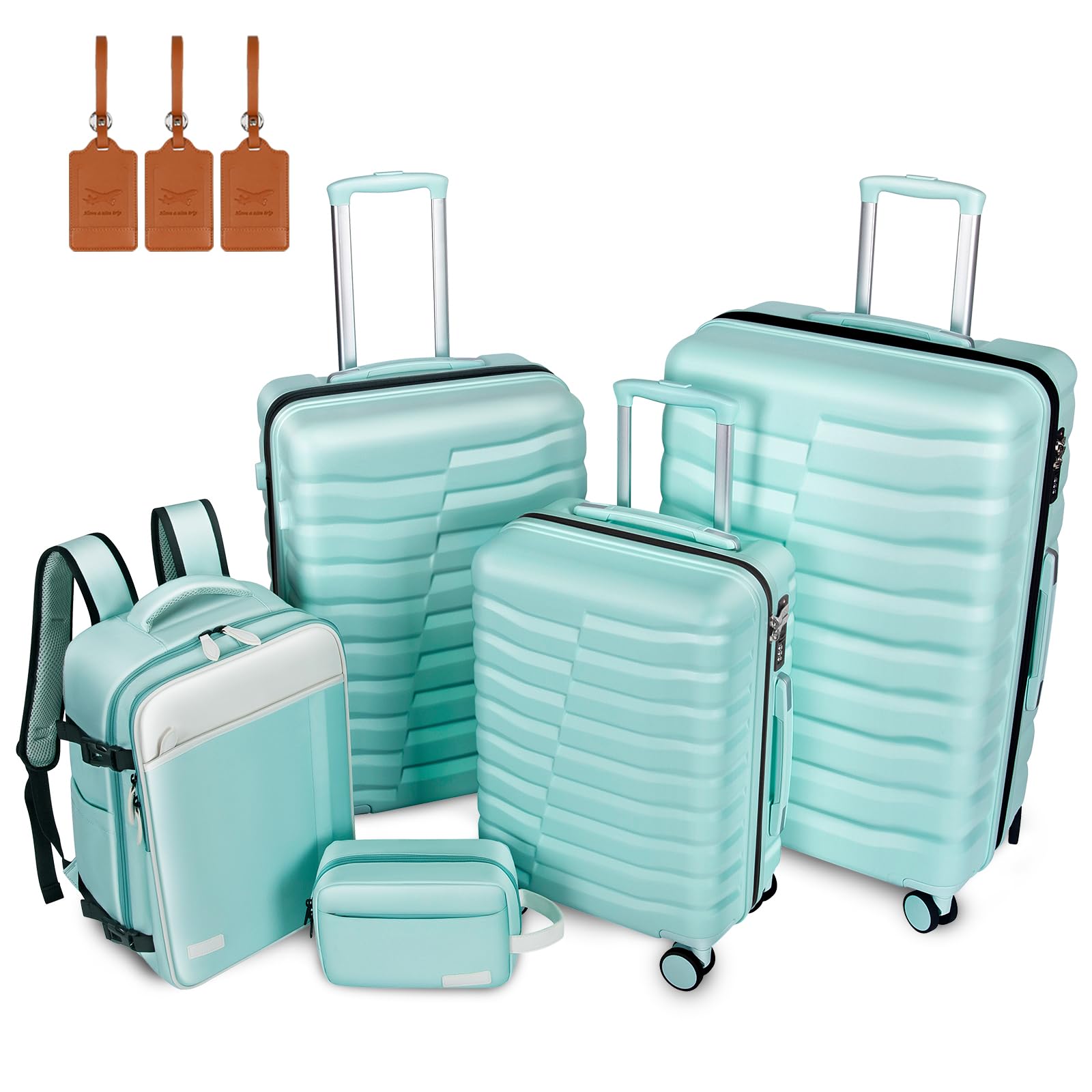5-Piece Lightweight Luggage with Backpack Sets ABS PC Hard Shell Suitcase with TSA Lock YKK Zipper MInt Green