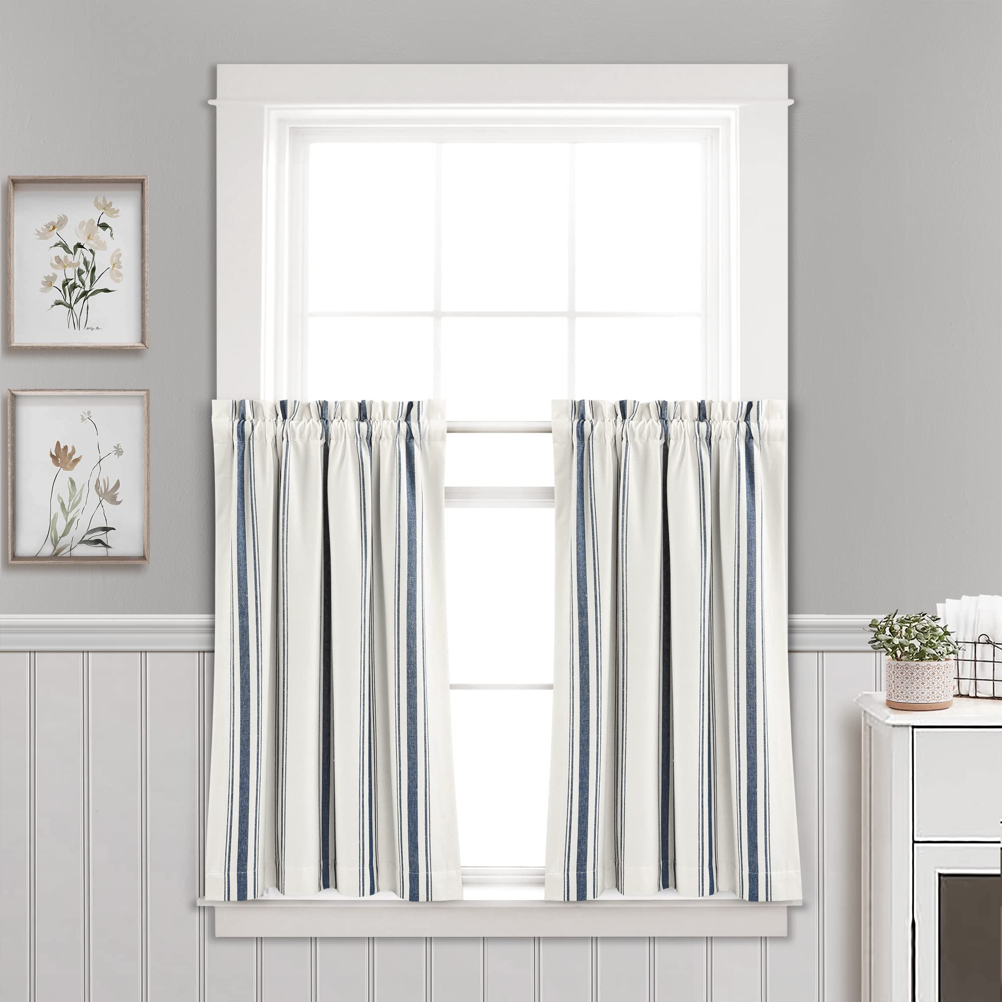 Lush Decor Farmhouse Stripe Yarn Dyed Recycled Cotton Window Curtain Kitchen Tiers, 29" L x 36" W, Navy