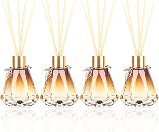 4pcs Reed Diffuser Empty Bottles With 20pcs Sticks, Delicate Gold Leaf Decor, Glass Fragrance Set With Lids for Home, Bathroom | Refillable, Diamond Style Gold