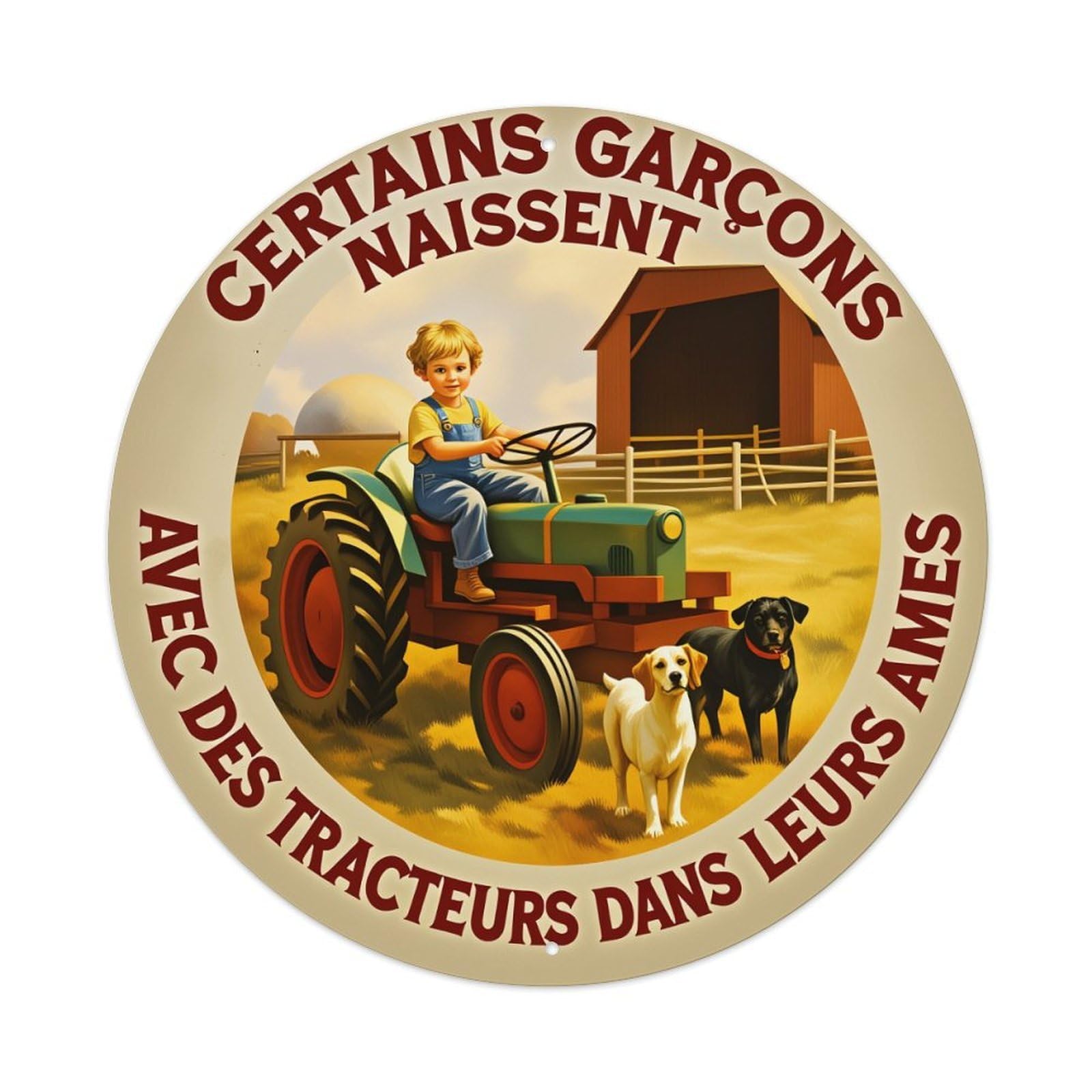 Boy Tractor Dogs Barn Field Metal Tin Sign Vintage Garden Bedroom Cafe Bar Man Cave Home Wall Decor Metal Poster 8x8 inches