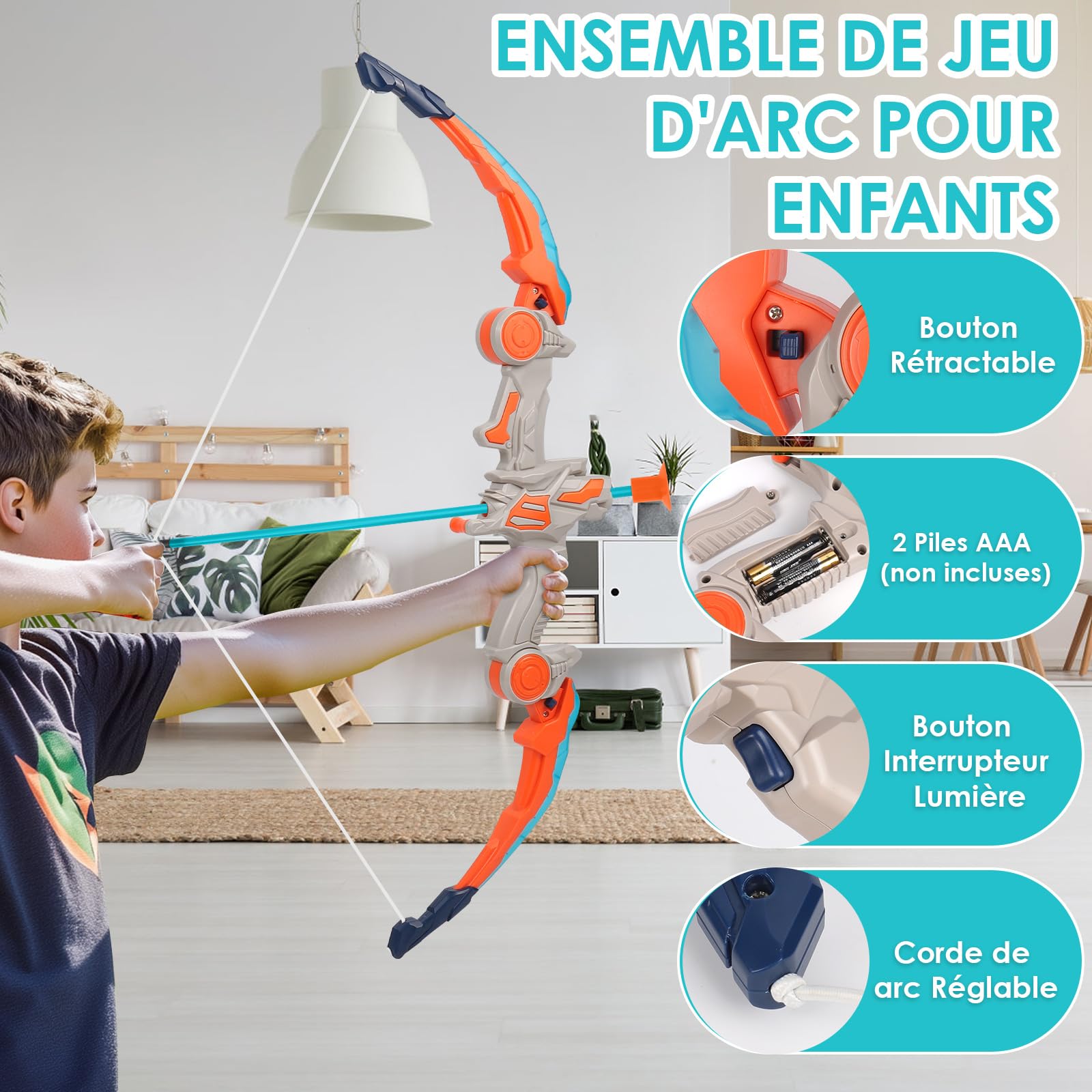 Arc Et Flèches ZWOOS Pour Enfants – Avec Lumières LED, Arc Pliable, 6 Flèches Ventouses, Cible, Carquois, Canettes Et Bouteilles En Plastique (3-12 Ans)