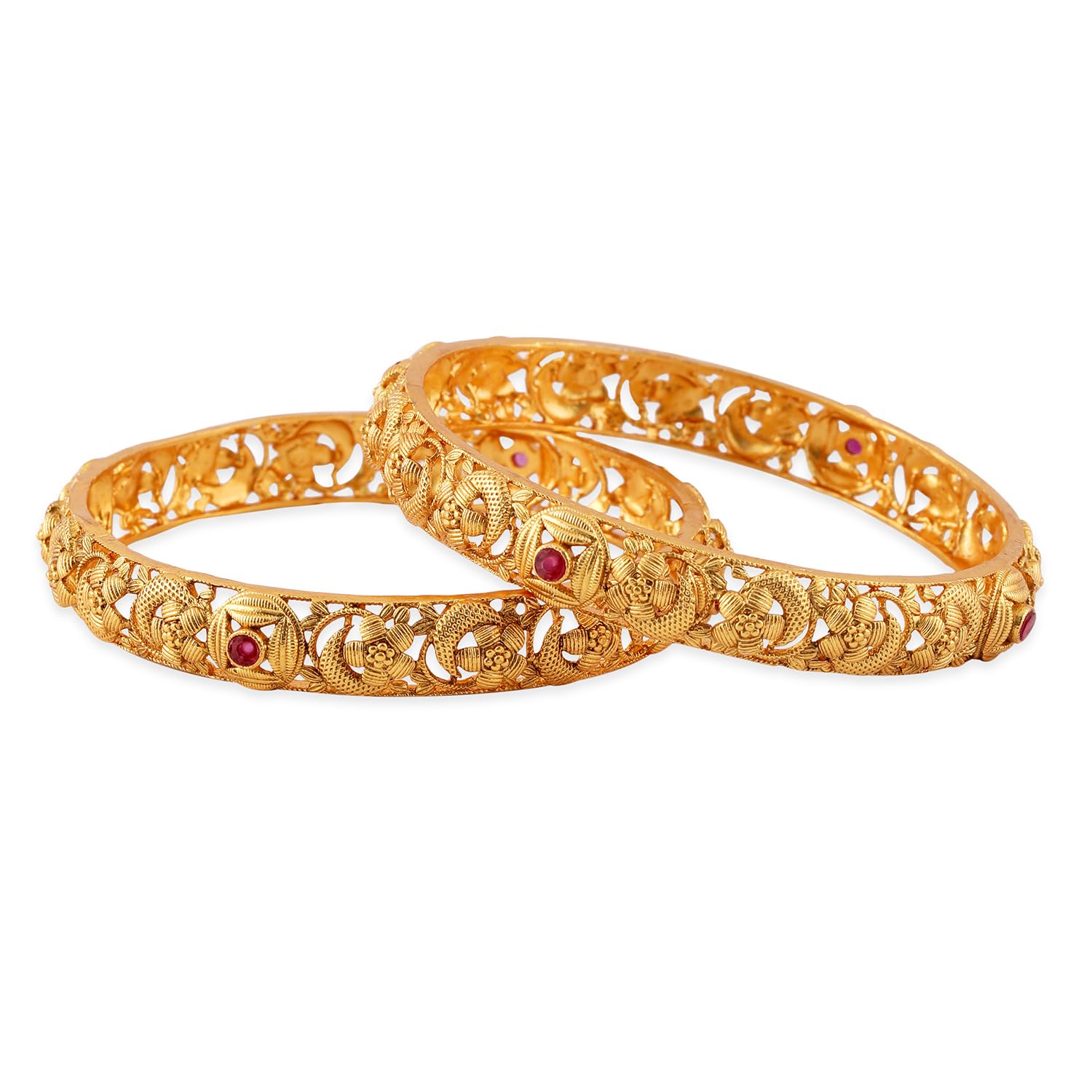 rubans Set of 2, 22K Gold-Plated Ruby Pink Stone & Floral Design Traditional Bangles-picture-28