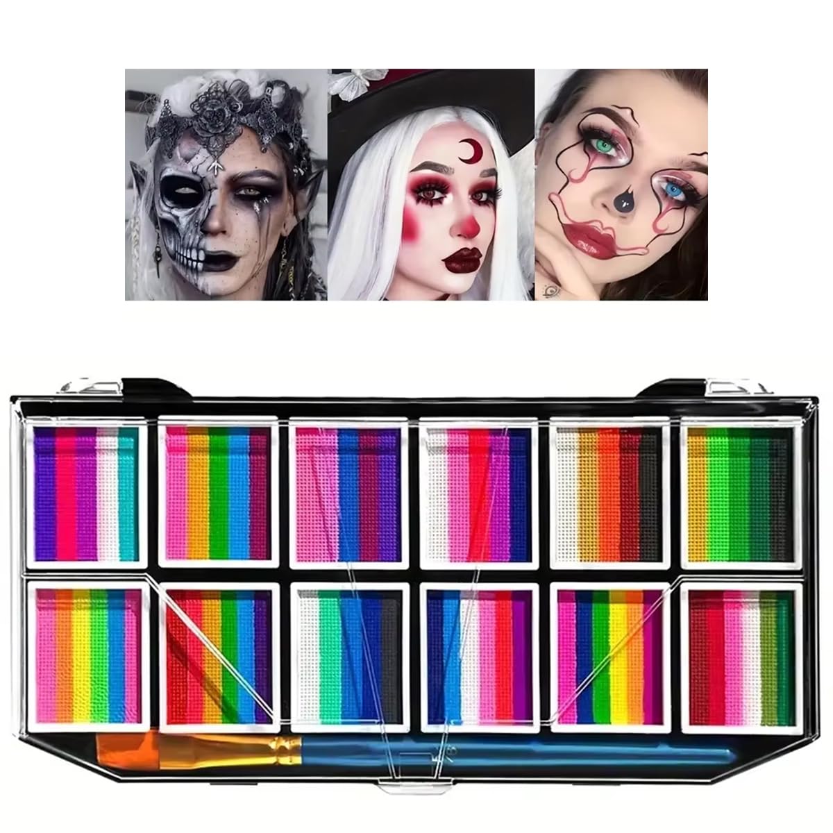 12 Colors Face Body Paint Palette,Split Cake Face Paint Palette FX Makeup, Water Activated Non Toxic Rainbow Body Painting with Brush for Halloween Makeup,Festivals & Events