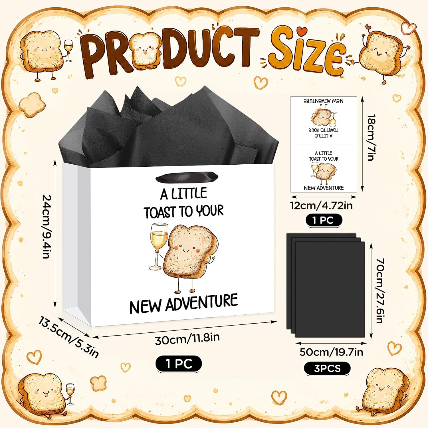 Cute Bread Party Supplies New Adventure Toast Gift Bag with Wrapping Paper and Card Funny Toast Pun Wrapping Paper Bag for Friend Traveler New Adventure and Farewell Celebration Party Decorations image 2