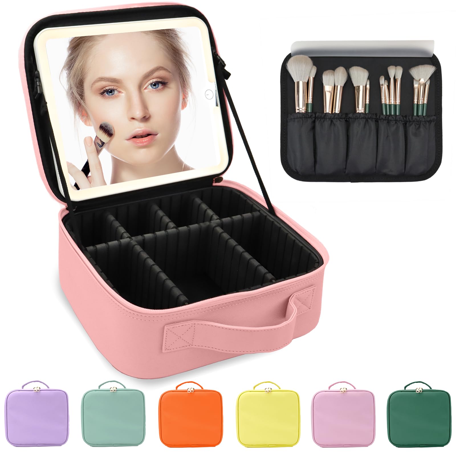 Travel Makeup Bag for Women and Makeup Artists Cosmetic Organizer Large Makeup Case,Travel Makeup Bag with Mirror 3 Color Setting,Portable Storage and Adjustable Dividers Makeup Bag, Pink, 10.4"x-image-31