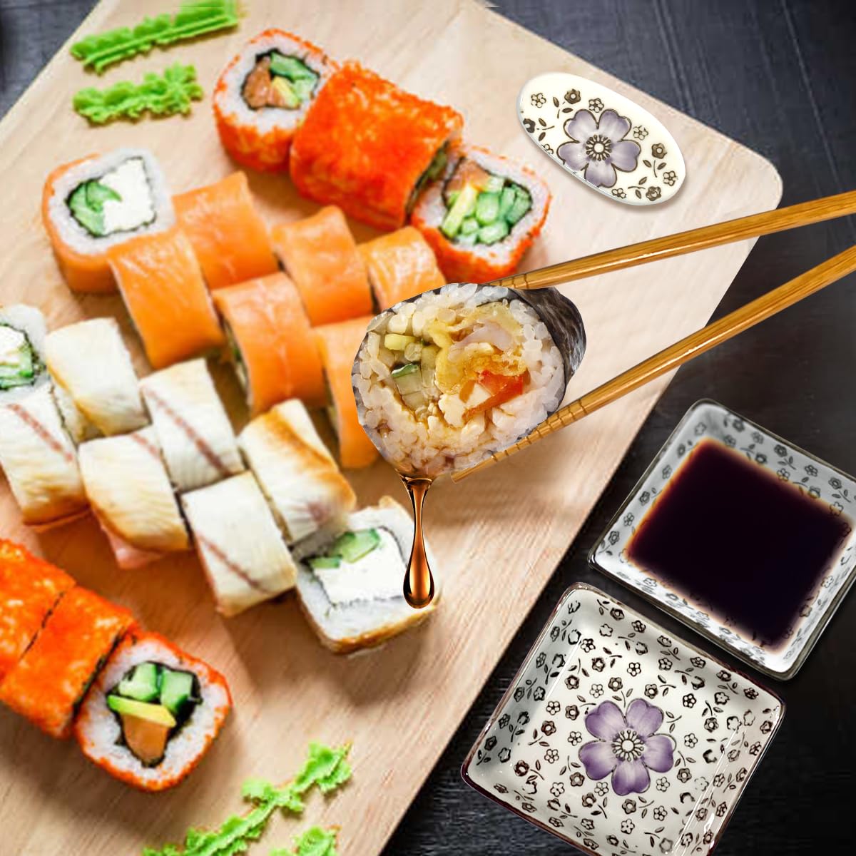 Sushi Geschirr Set für 2 Personen 6 Stück Keramik Dipschalen Set mit Pflaumenblüte Muster Perfekt als Geschenke für Paare oder Geburtstag (A2)