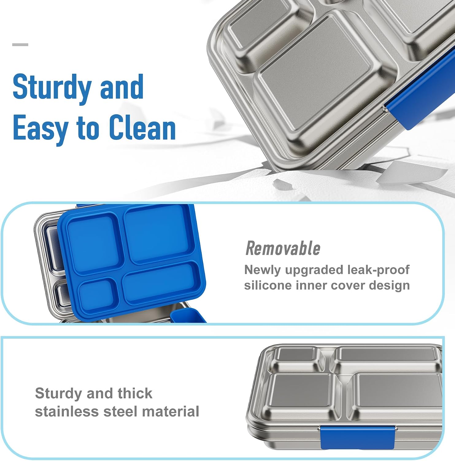 BABHAMNESS Stainless Steel Kids Bento Lunch Box, 4-Compartments with Silicone Container, Dishwasher-Safe, Child-Friendly Design for School and Travel,BPA-Free(Blue)