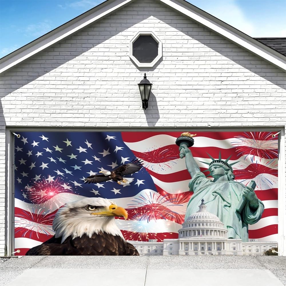 DORCEV 7x16ft Independence Day American Flag Garage Door Banner Cover Stars and Stripes US Flag 4th of July Banner Background Labor Day Veterans