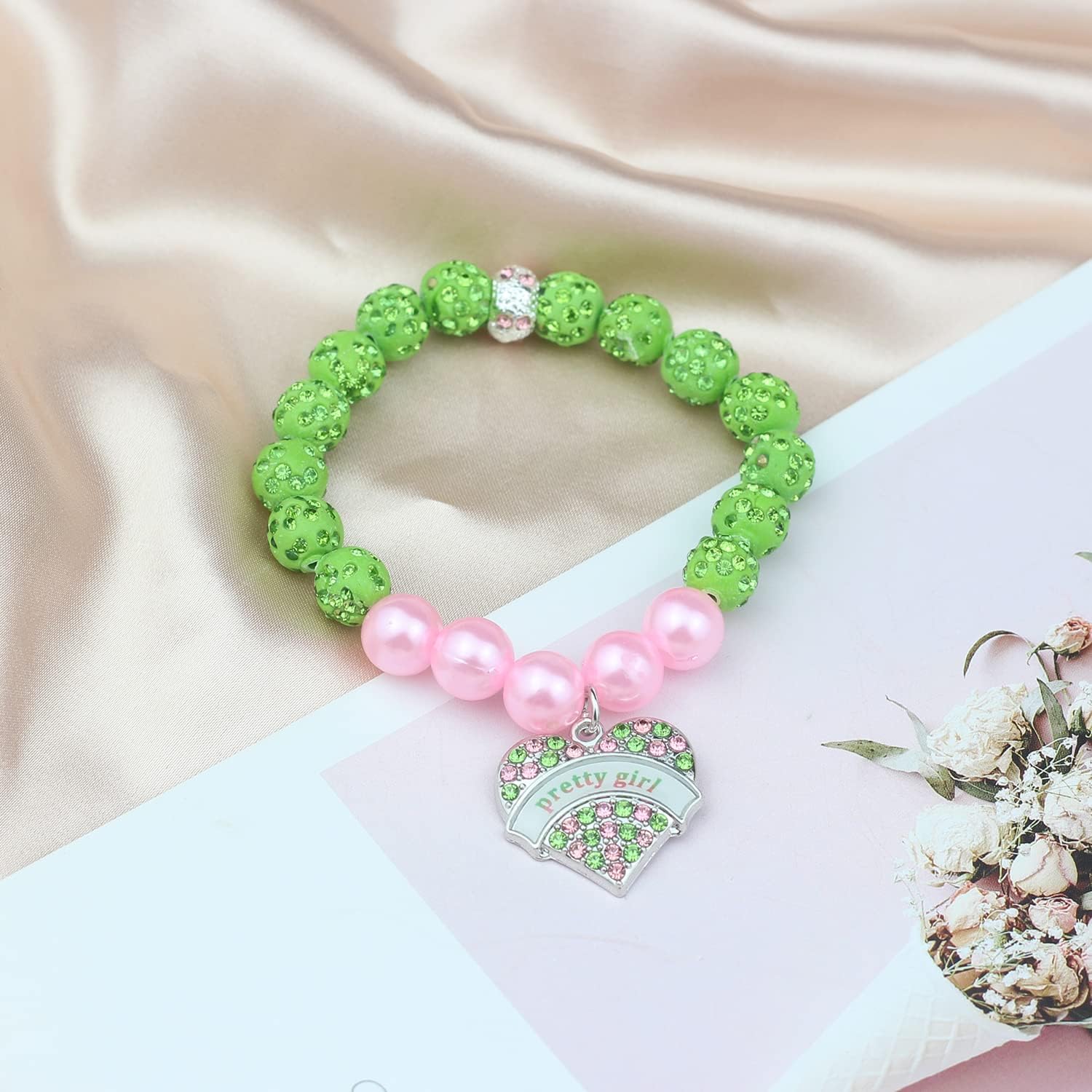 Scwasen Sorority Bracelet for Women Girls Sorority Paraphernalia Gift Pink and Green Rhinestone Bracelet Greek Sisterhood Jewelry