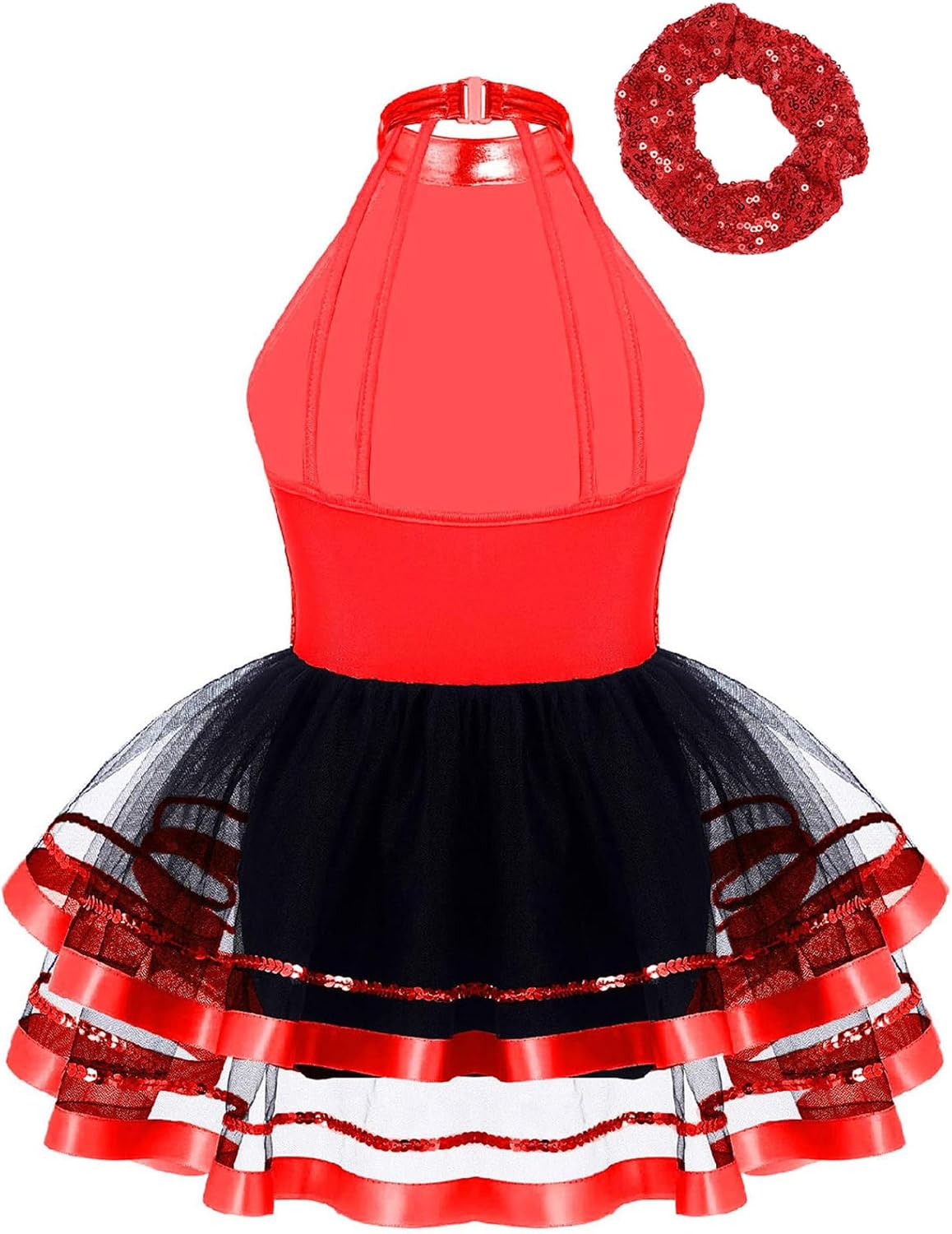 Kids Girls Sequins Ballet Dance Dress Tutu Skirt Leotard Jazz Latin Ballerina Costume with Hair Scrunchie