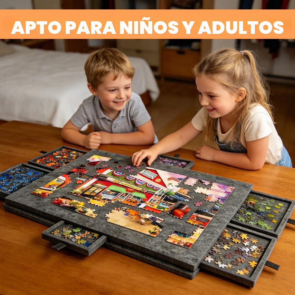 Cuadro plegable para rompecabezas de 1000 piezas con 6 cajones. Bandeja portátil para rompecabezas con soporte 2 en 1 y tapa, súper ligero de fieltro para rompecabezas para adultos, utilizable para