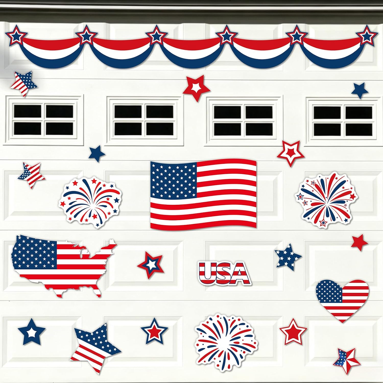 26Pcs Patriotic Garage Decoration Magnet Stickers 250th Anniversary Garage Door Magnetic Red Blue American Flag Firework Star Refrigerator Stickers for Independence Day Party Home Car Outdoor Decor