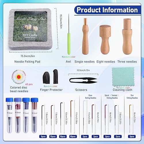 Miniatura 2 de Mayboos Kit de fieltro  Almohadilla de fieltro y herramientas de 6 x 6 pulgadas con agujas, protectores de dedos, mango de madera, bolsa para