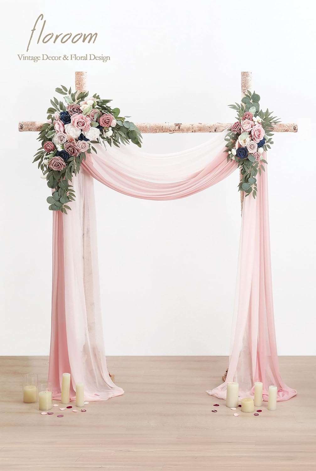 Floroom Arch Flowers with Drapes Kit (Pack of 4) - 2pcs Artificial Dusty Rose & Navy Blue Floral Swag Arrangement with 2pcs Draping Fabric for Wedding Ceremony Arbor and Reception Backdrop Decoration