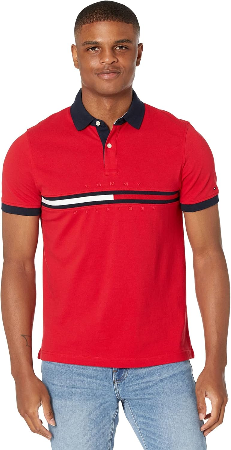 Tommy Hilfiger Men's Short Sleeve Cotton Pique Flag Graphic Polo Shirt in Custom Fit