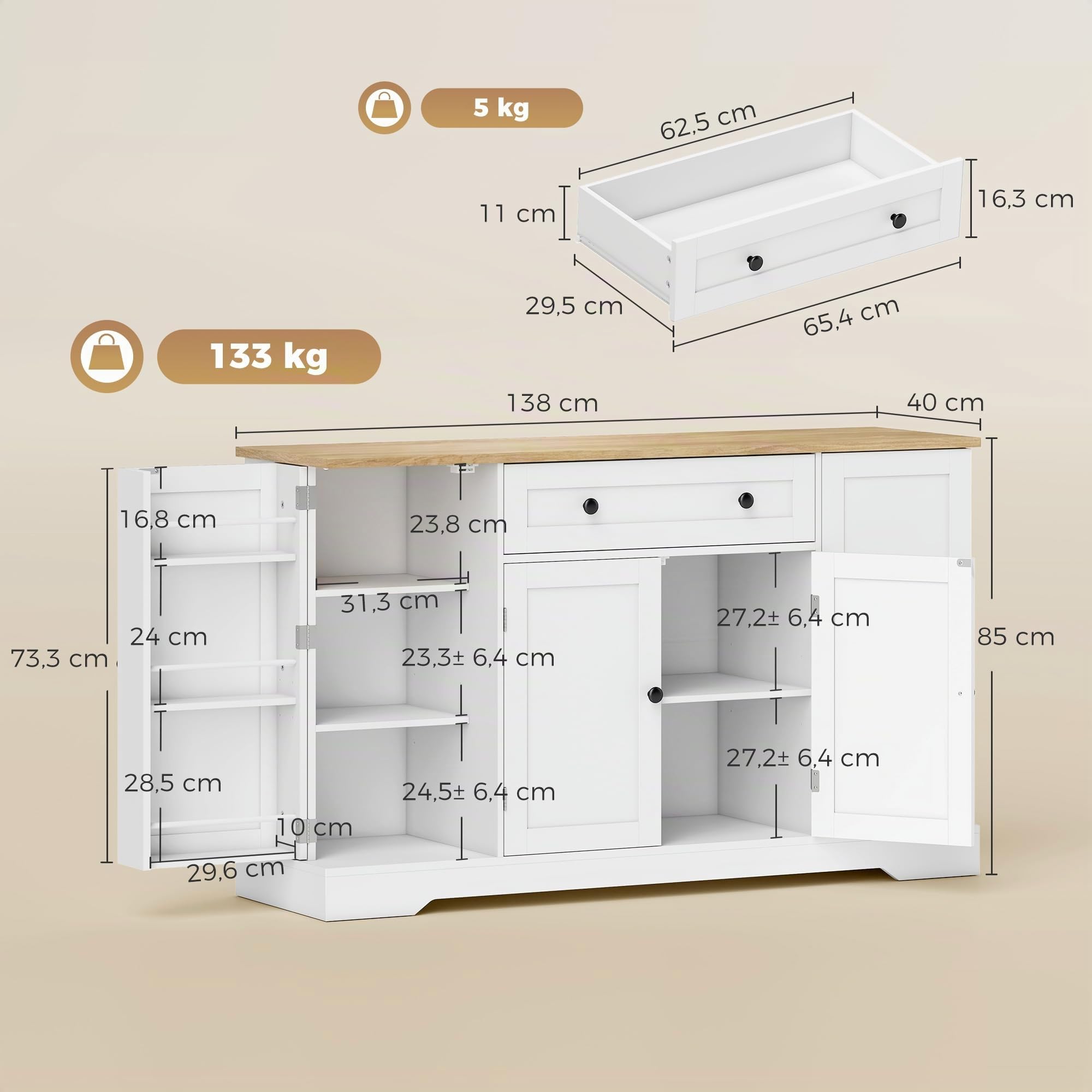 HOMCOM Sideboard Küchenschrank mit 4 Türen Schublade 138x40x85 cm Weiß