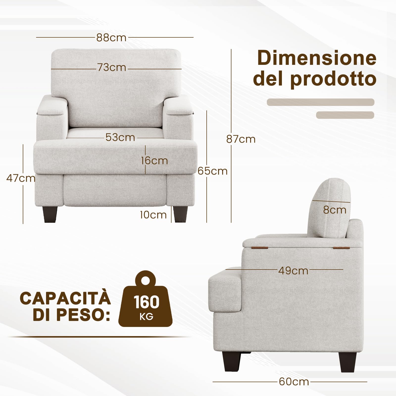 Extra-Grand Poltrona Salotto Contenitore, Divano Singolo Poltrone Camera da Letto con Braccioli con Contenitore, Poltrona Imbottita Relax per Salotto Soggiorno Camera da Letto, Bianco