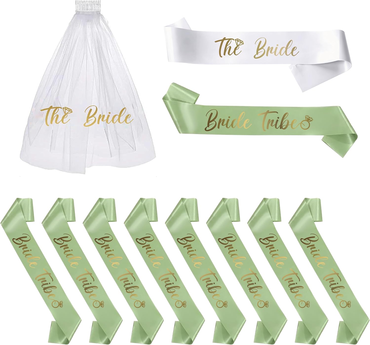 PartyGifts&beyond Bachelorette Party Favors Bride to Be Sash and Veil Set Bachelorette Sashes Bridal Shower Gifts Bride Tribe Sash (Sage Green, 11pcs)