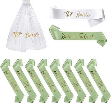 PartyGifts&beyond Bachelorette Party Favors Bride to Be Sash and Veil Set Bachelorette Sashes Bridal Shower Gifts Bride Tribe Sash Sage Green, 11pcs