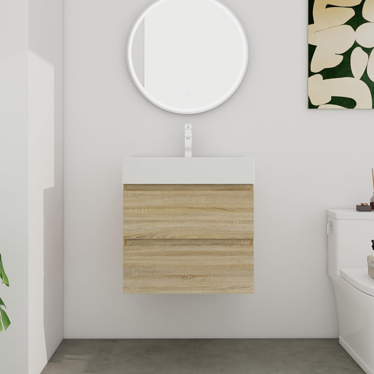 SSLine 24-Inch Bathroom Vanity with Sink Wall-Mount Single Bathroom Sink Cabinet with Thicken Edge Basin & Soft Close Drawers Floating Bath Vanities for Small Space(Light Oak)
