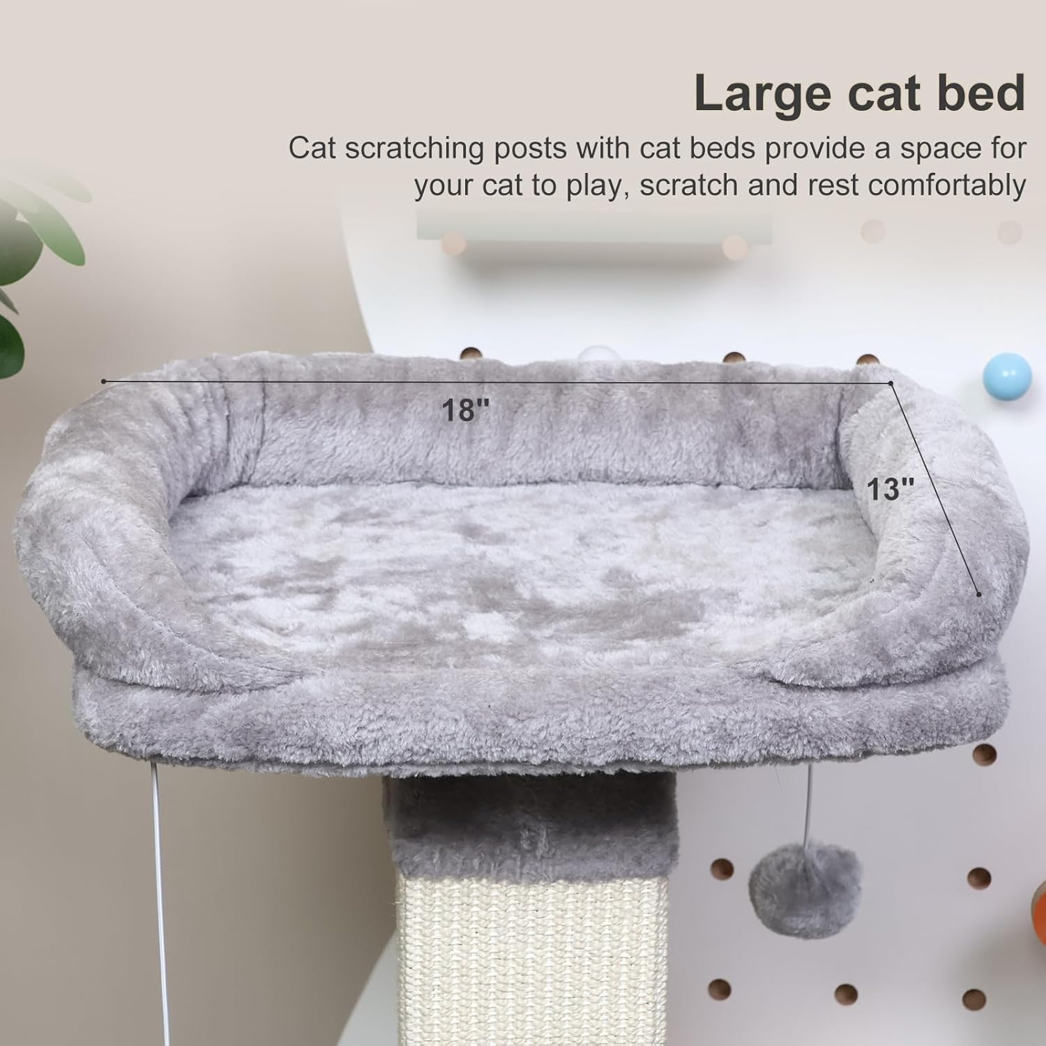 34" Tall Cat Scratching Post with Bed, Sisal Scratch Posts Trees with Plush Perch and Hanging Ball for Indoor Cats, Removable Cover, Large Scratch Post and Base, Rugged and Durable, Light Grey