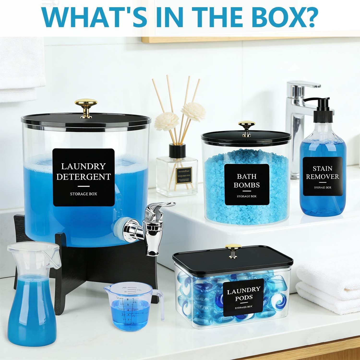Laundry Room Organization Containers with Stand Laundry Detergent Dispenser, Clear Laundry Pods Powder Containers, Fabric Softener Bottle, Hand Soap Dispenser, Spoon, Measuring Cup, Label Sticker