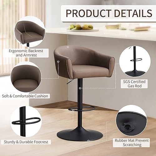 Miniatura 6 de Juego de 2 taburetes de bar, taburetes de bar giratorios con respaldo y brazos, taburetes de bar ajustables de piel sintética de 24 a 34 pulgadas,