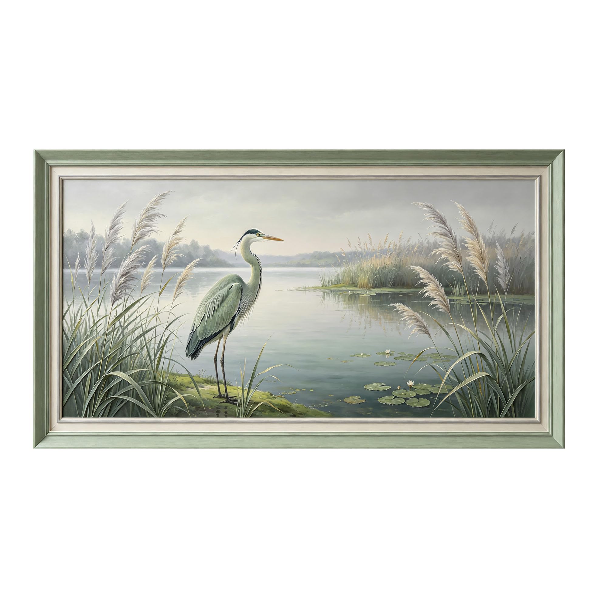 Yzpallescene 3D 3D Framed Wall Art 50cm×90cm Lake Heron Landscape Oil Painting Large Size SelfAdhesive Removable Wall Decor Prints Artwork for Living Room Bedroom Office