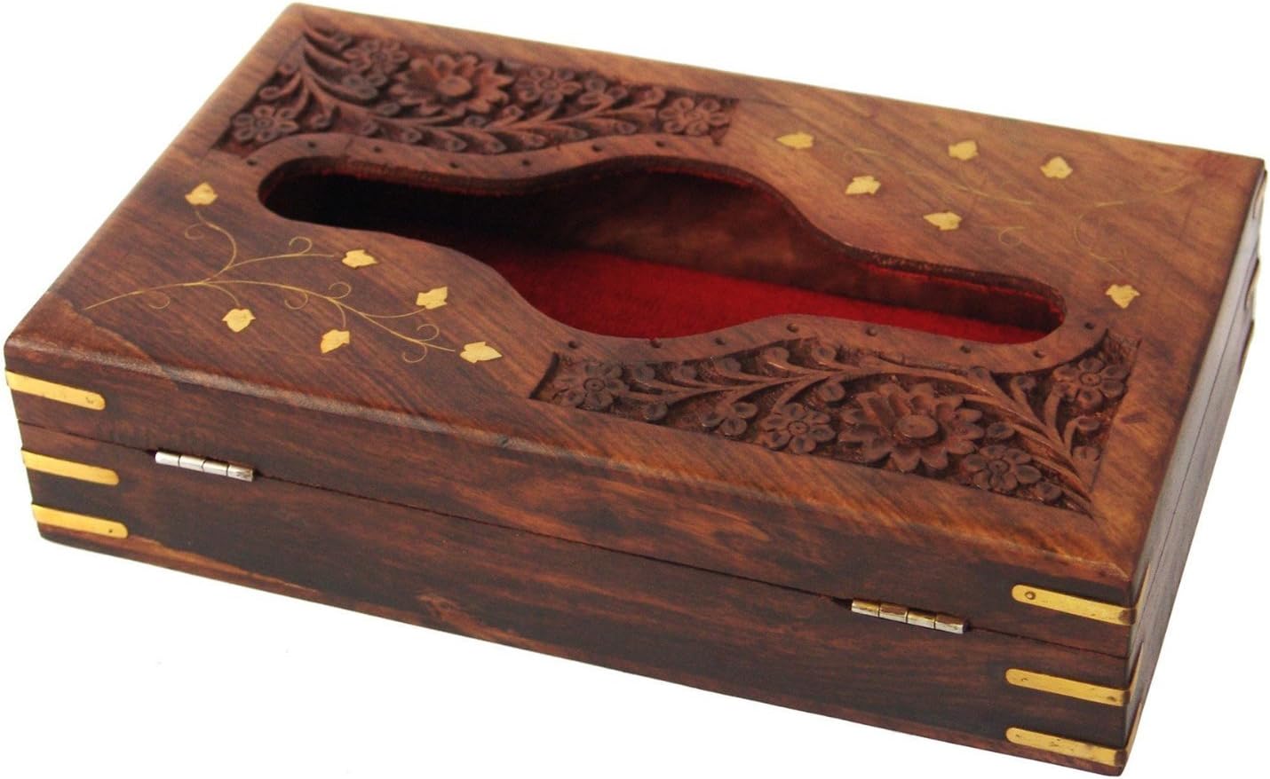 RGRANDSONS® Handmade Wooden Tissue Box Napkin Holder Cover with Brass Inlay and Velvet Interior (Brown)