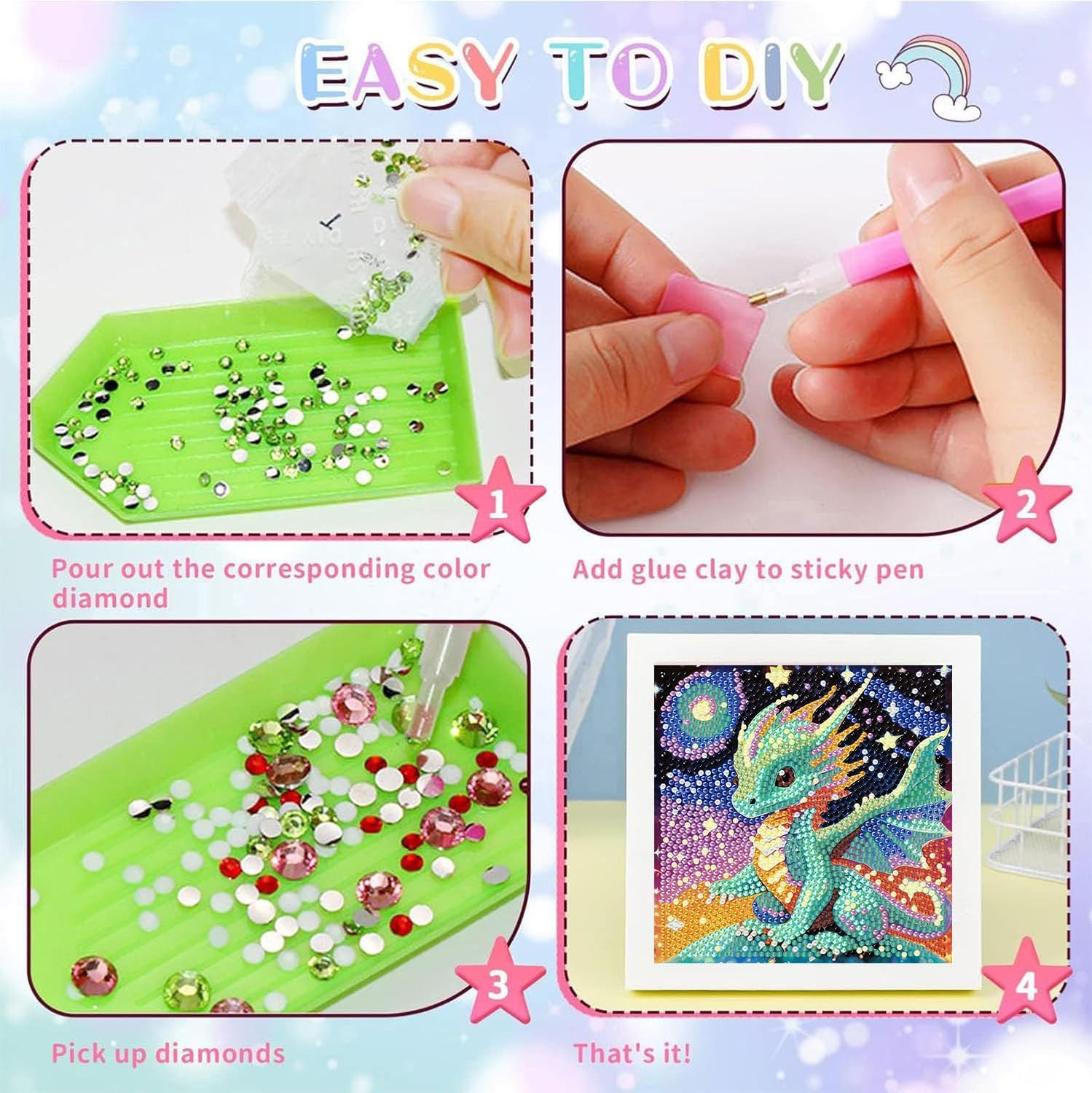 cviokrdu Dragon Diamond Art Kits for Kids with Frame - Dragon Diamond Art for Kids Ages 4 8 12, Gem Painting Kit for Gift Home Wall Decoration (7x7inch)