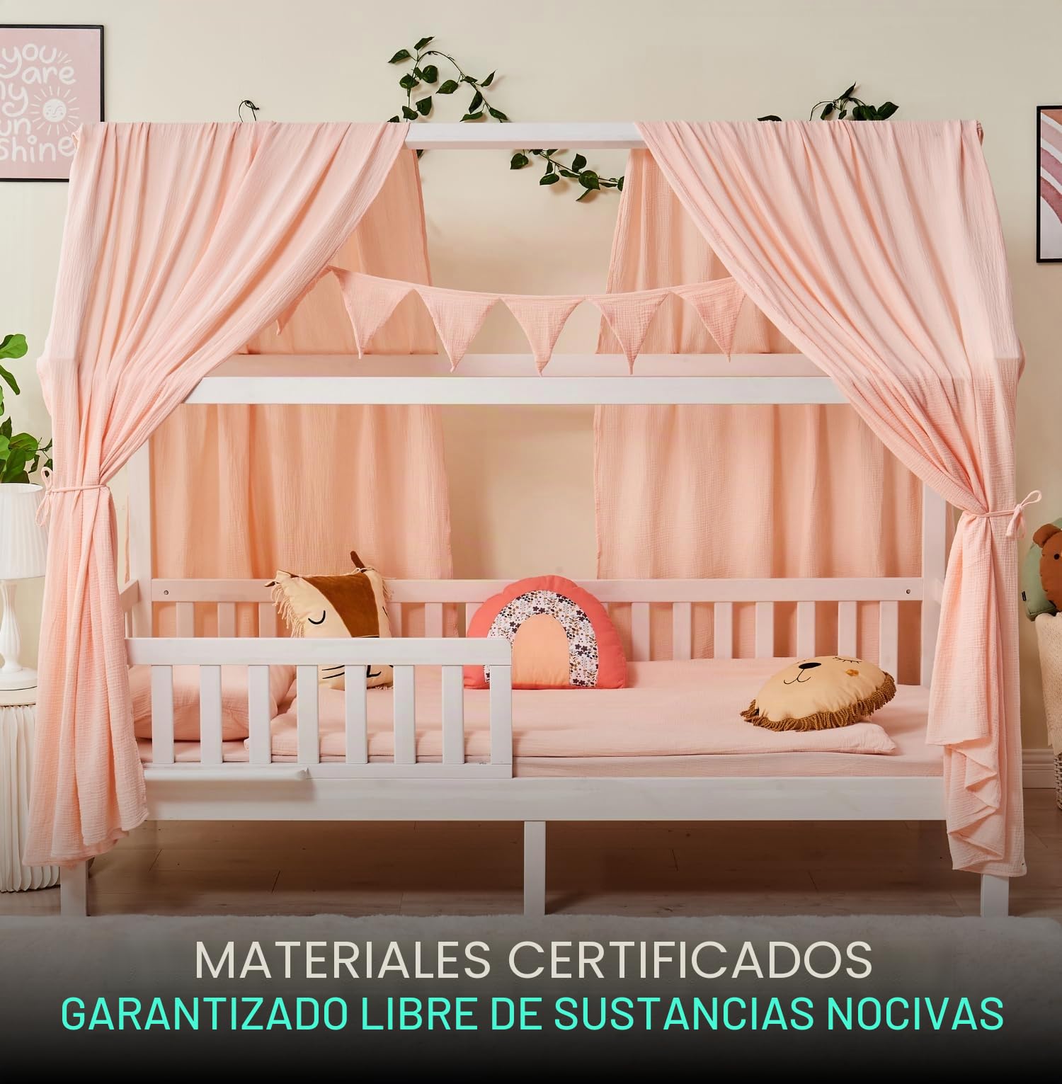 ALAVYA HOME® Juego de decoración para cama de 3 piezas, dosel y banderín de 300 cm, para cama infantil, 100% muselina orgánica GOTS, 125 x 350 cm, rosa claro