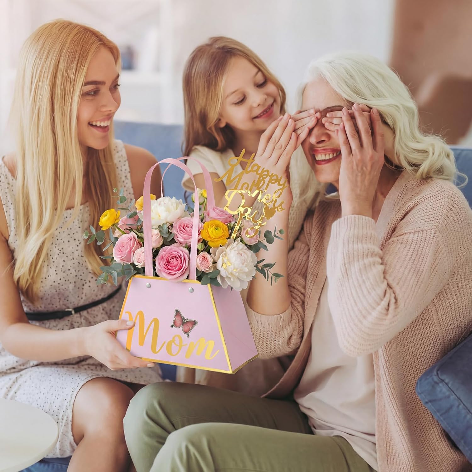 Yeyeplum 24 Pack Mothers Day Flower Paper Gift Bags Bouquet Bag Boxes with Handles and Decoration Topper Flower Boxes for Arrangements Mother's Day Birthday Anniversary