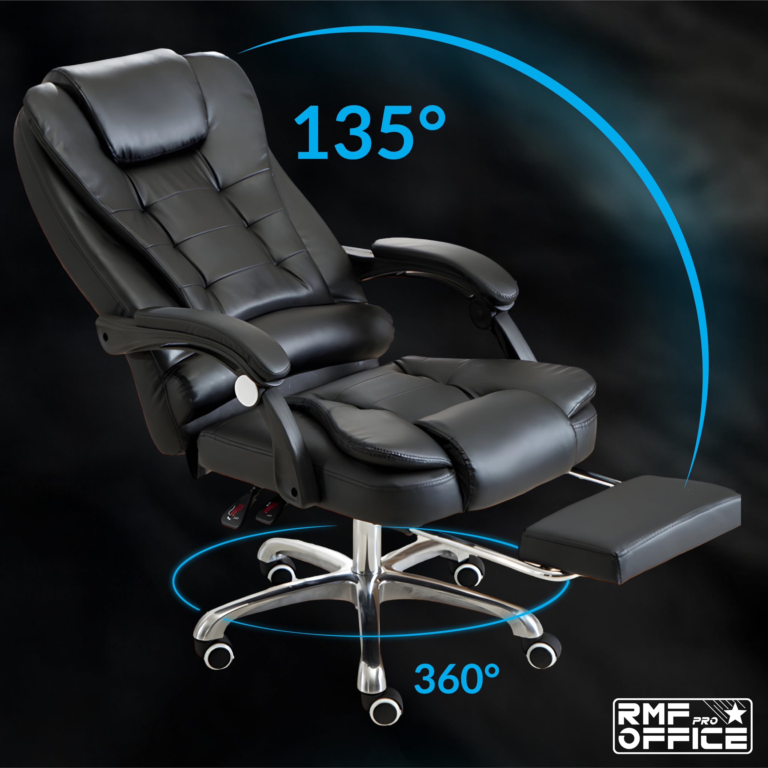 RMF Silla de Oficina Ergonómica Profesional Reclinable, Silla de Escritorio Cómoda y Relajante con Reposapiés - Sillón Relax con Ruedas Giratorias y Altura Ajustable Negro