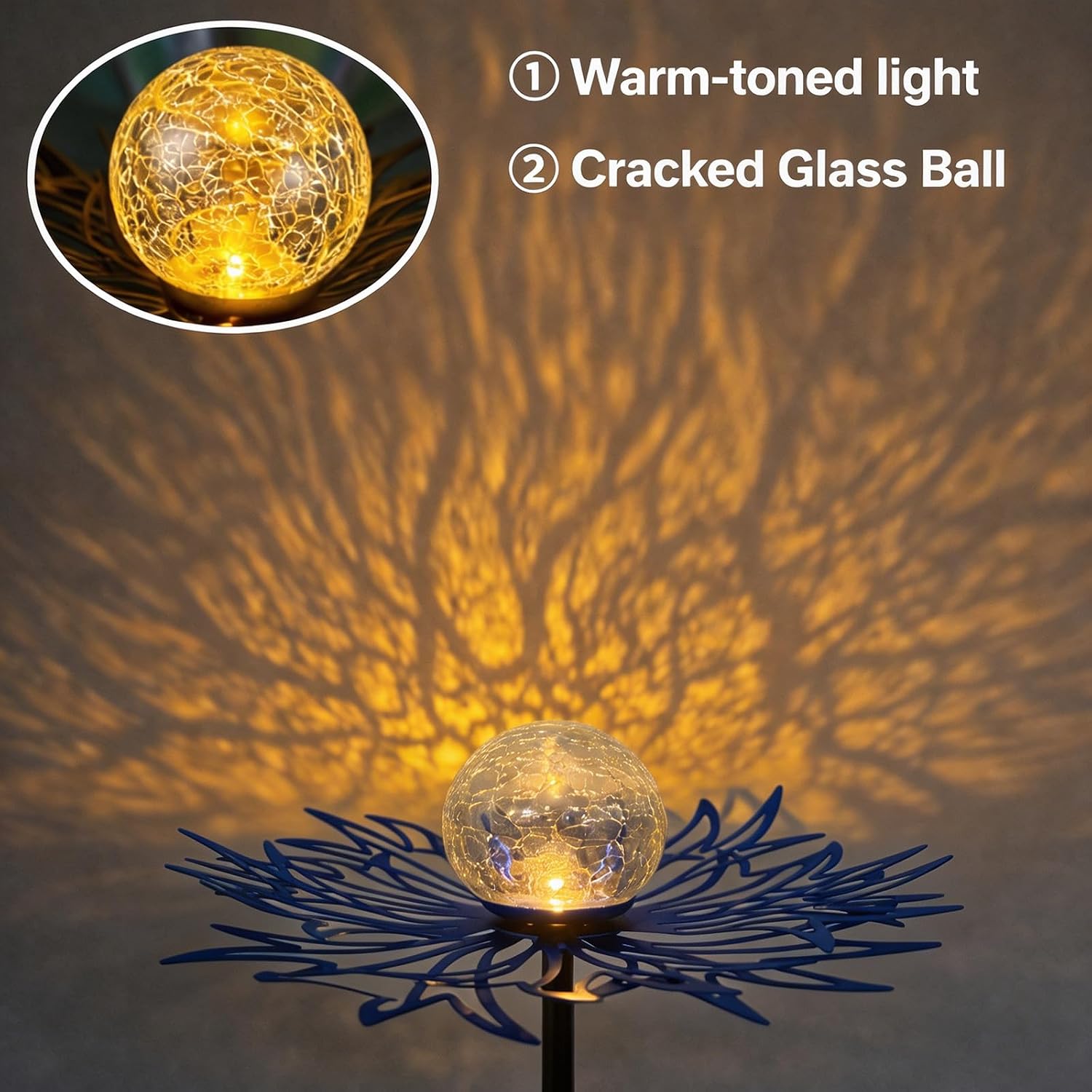 Solar Lights Outdoor Garden Decor, Metal Flower Crackle Glass Globe Solar Stake Lights, Waterproof LED Yard Decorations for Patio, Lawn, Pathway, Landscape Gifts for Women Mom(Blue)
