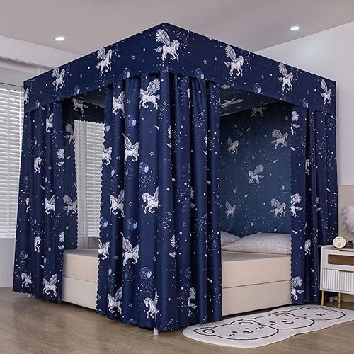 SCMTYWCQ Toldo de princesa con 4 postes esquineros con diseño de caballo azul marino, para cama de niñas y niños, dormitorio de adultos para