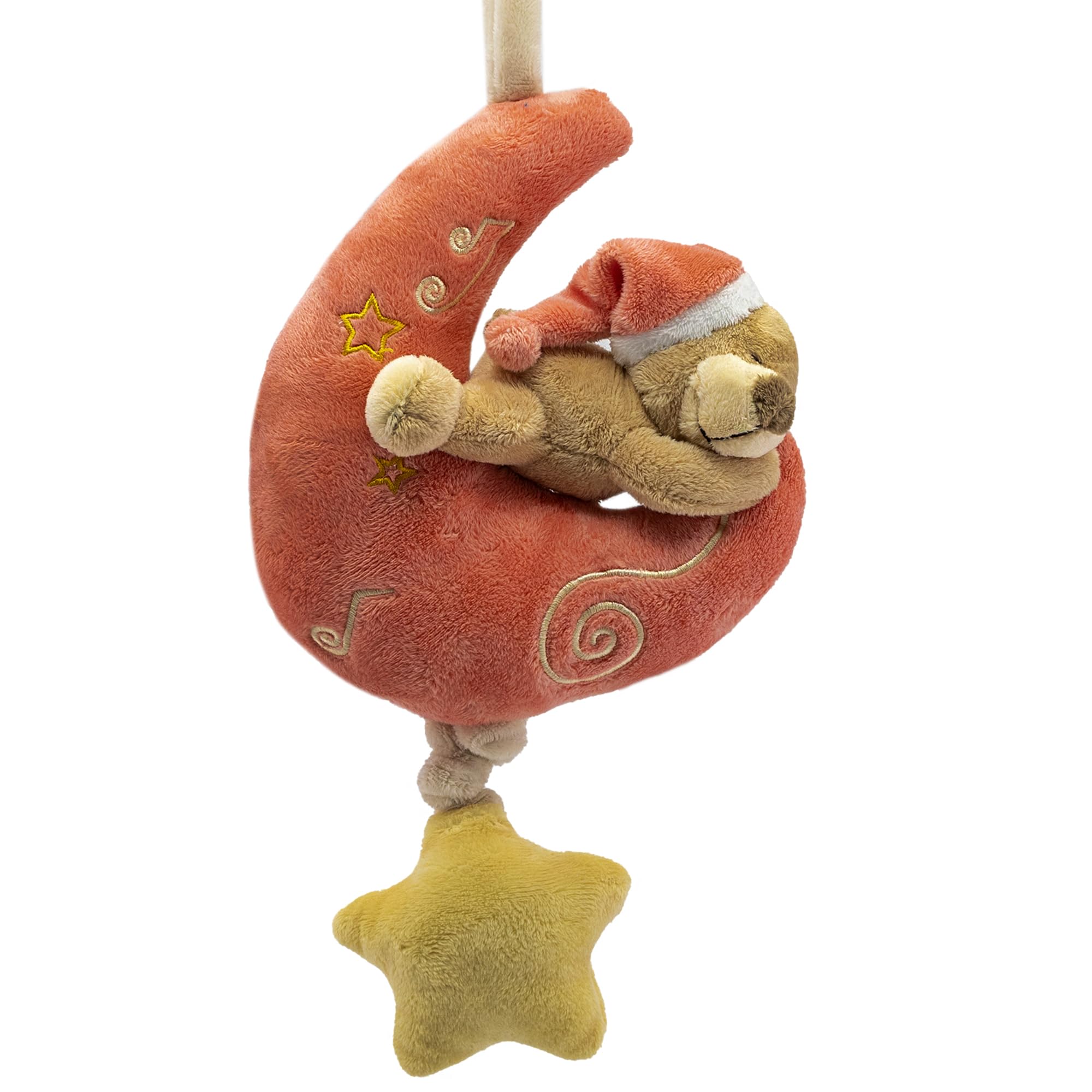 BABYZOCO Osito y Luna Musical para Cuna, Juguete Colgante de Cuna, Peluche Musical de Luna y Osito, Caja Musical para Bebes, Diseño de oso dormido en media luna, Cordel musical, Longitud 45 cm, Rosa