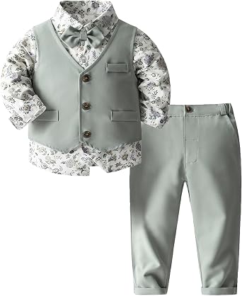 ARTMINE Toddler Boy Clothes Suit Gentleman Wedding Outfits, Formal Dress Shirt+Bowtie+Vest+Pants