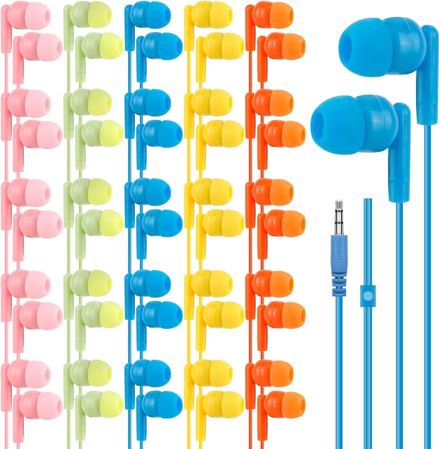 100 Pack Bulk Earbud Headphones Earphones for School Classroom Students Kids Children Gifts and Adults Wholesale Disposable Earphones 3.5mmJack (5 Mixed Colors)