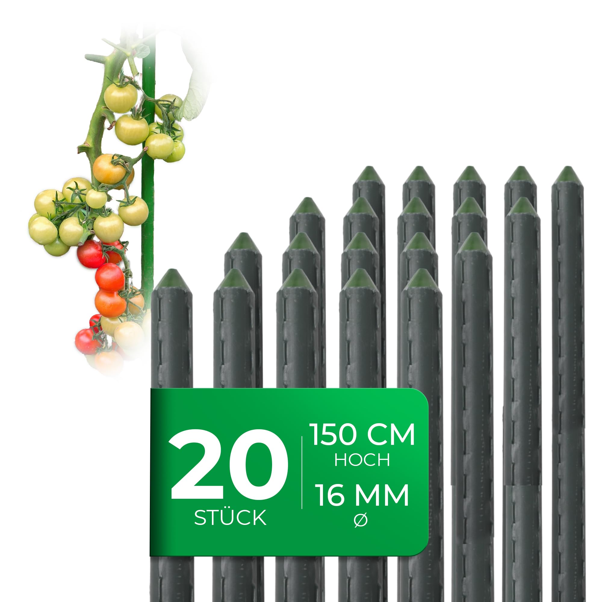 Novatool 20 sztuk prętów do sadzenia 150 cm zielone 16 mm ⌀ bardzo stabilne metalowe rury pokryte tworzywem sztucznym pręty do pięcia się dla roślin podpórki do roślin Gurken Tomatenstäbe dla roślin