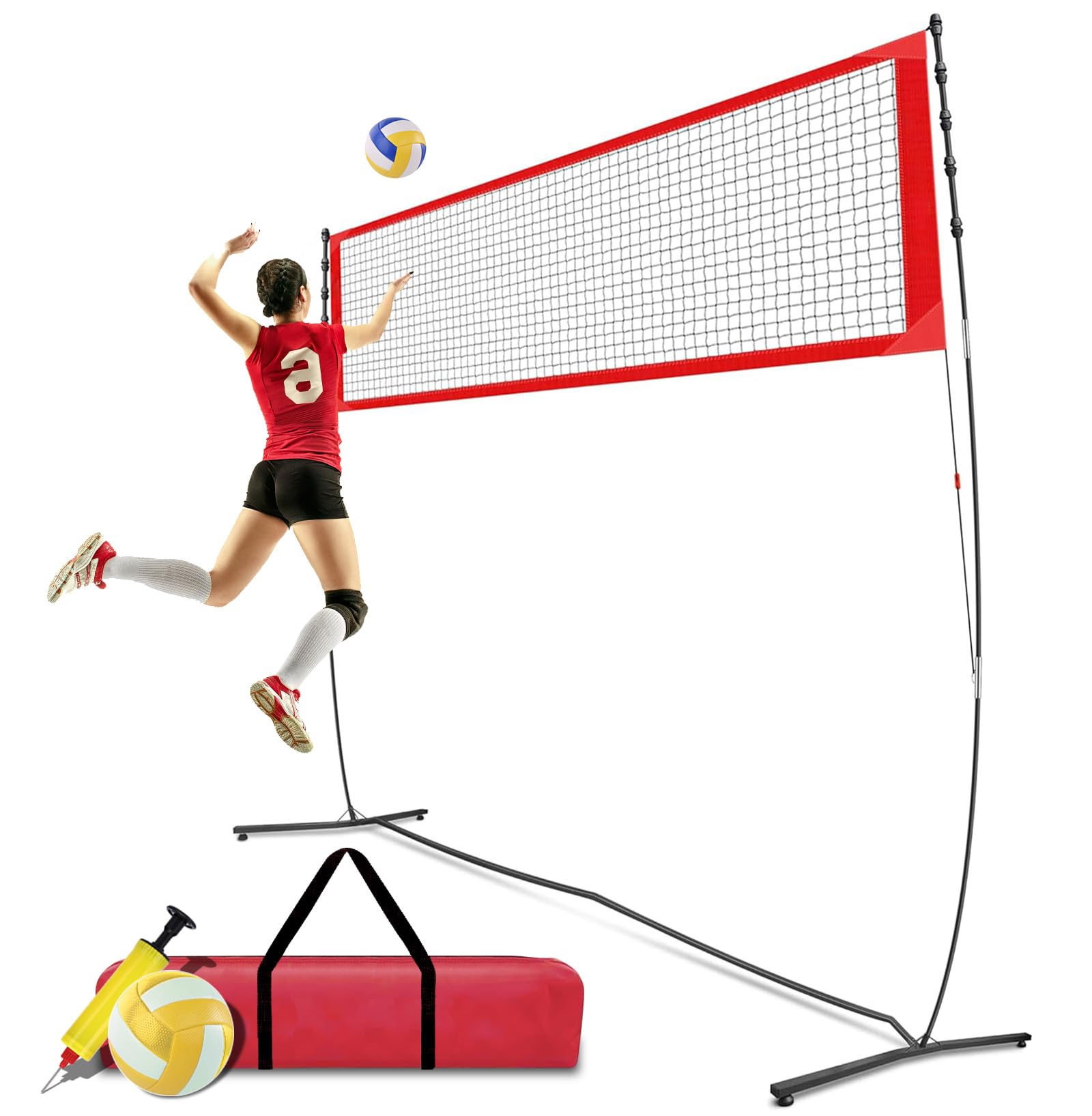20FT Freestanding Volleyball Training Net for Indoor or Outdoor Use,4 Adjustable Height Portable Net System with Volleyball Blast Pump and Carry Bag