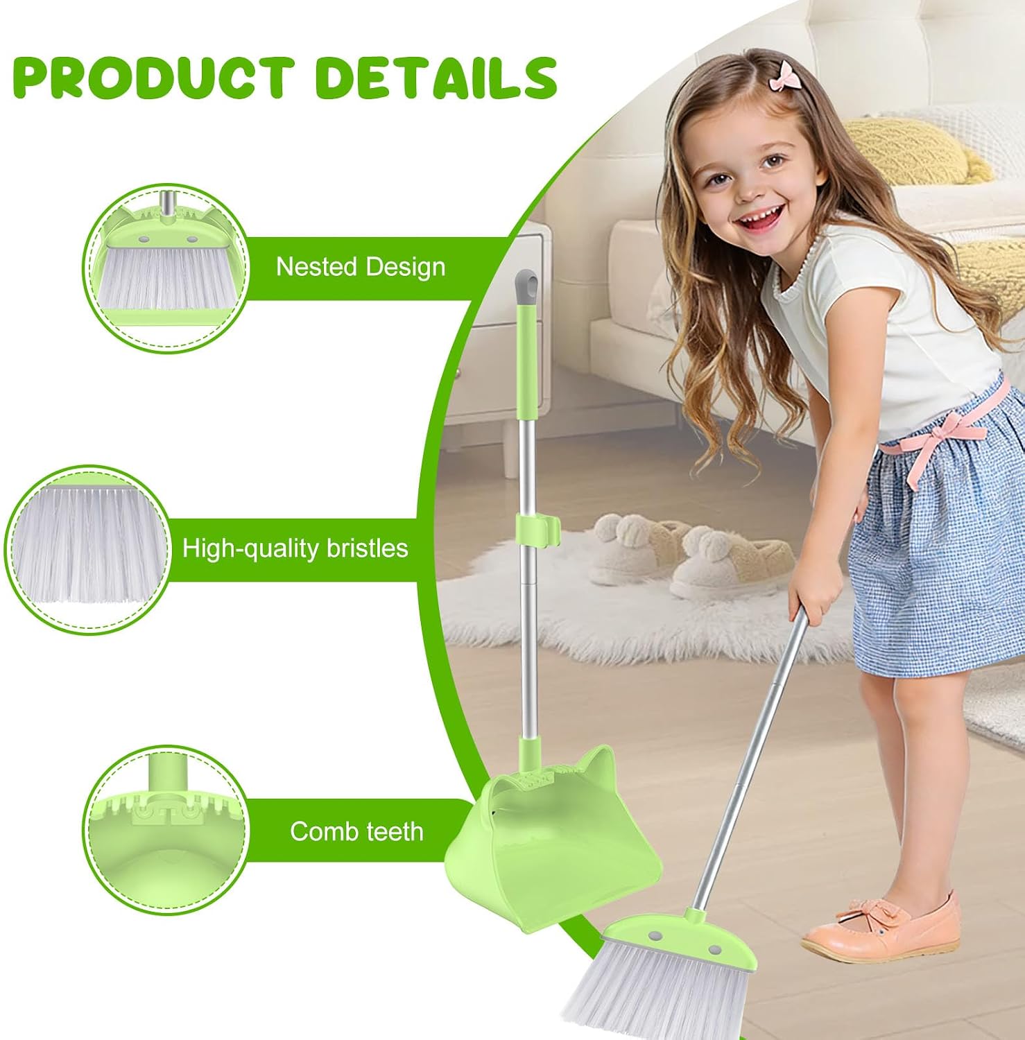 Mini Broom with Dustpan for Kids, 28-in Handle Kids Broom and Dustpan Set for Toddlers Cat-Shaped Children Cleaning Set Boys Girls Small Housekeeping Helper Set, Green image 3