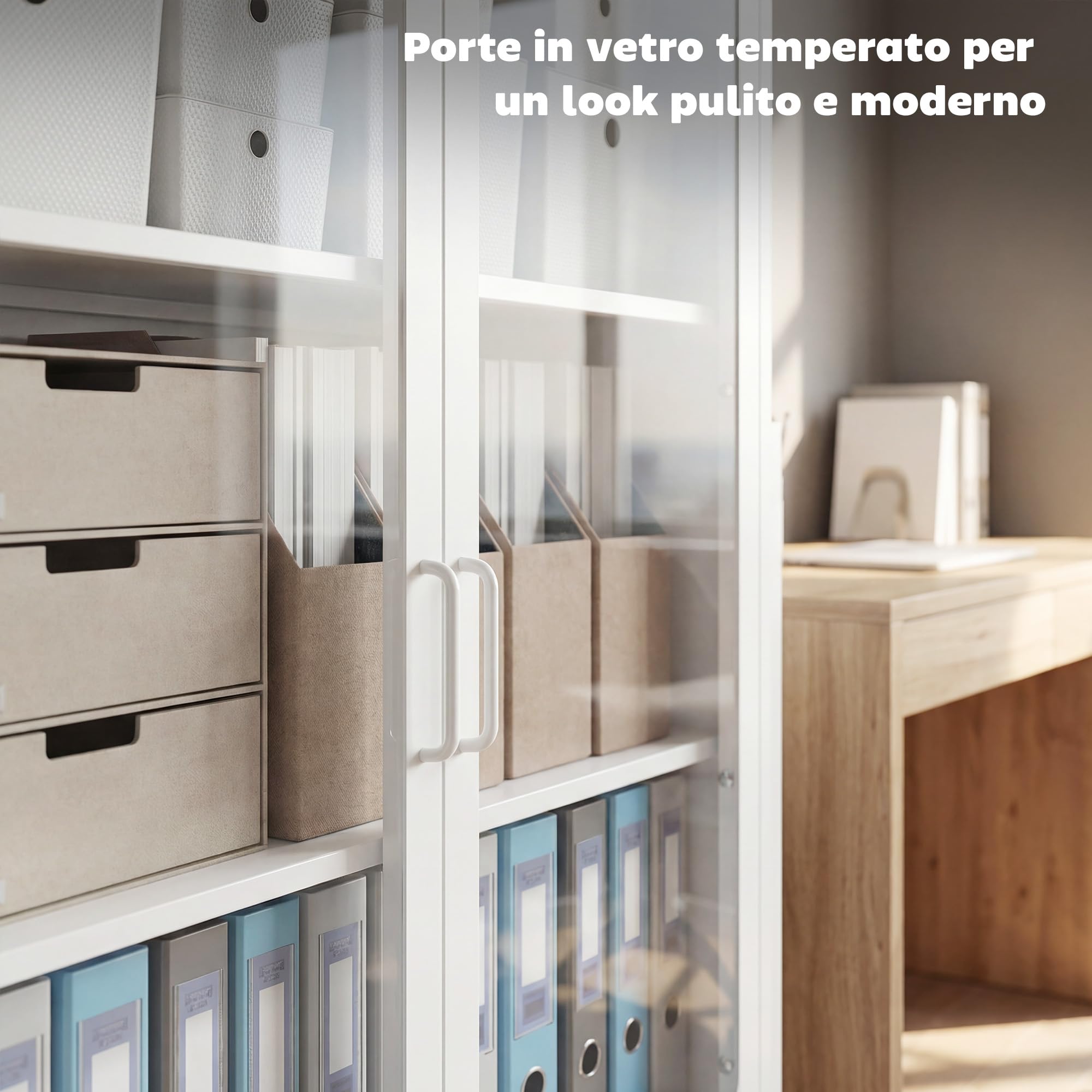 HOMCOM Armadio Portadocumenti in Acciaio a 2 Ante in Vetro Temperato, Schedario da Ufficio con Ripiani Regolabili, Mobiletto Multiuso Portaoggetti, per Ufficio Studio Casa, 80x40x110 cm, Bianco
