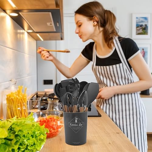 Miniatura 7 de Ismosm Juego de 12 utensilios de cocina de silicona con asas de madera maciza y un cubo de soporte (gris oscuro)
