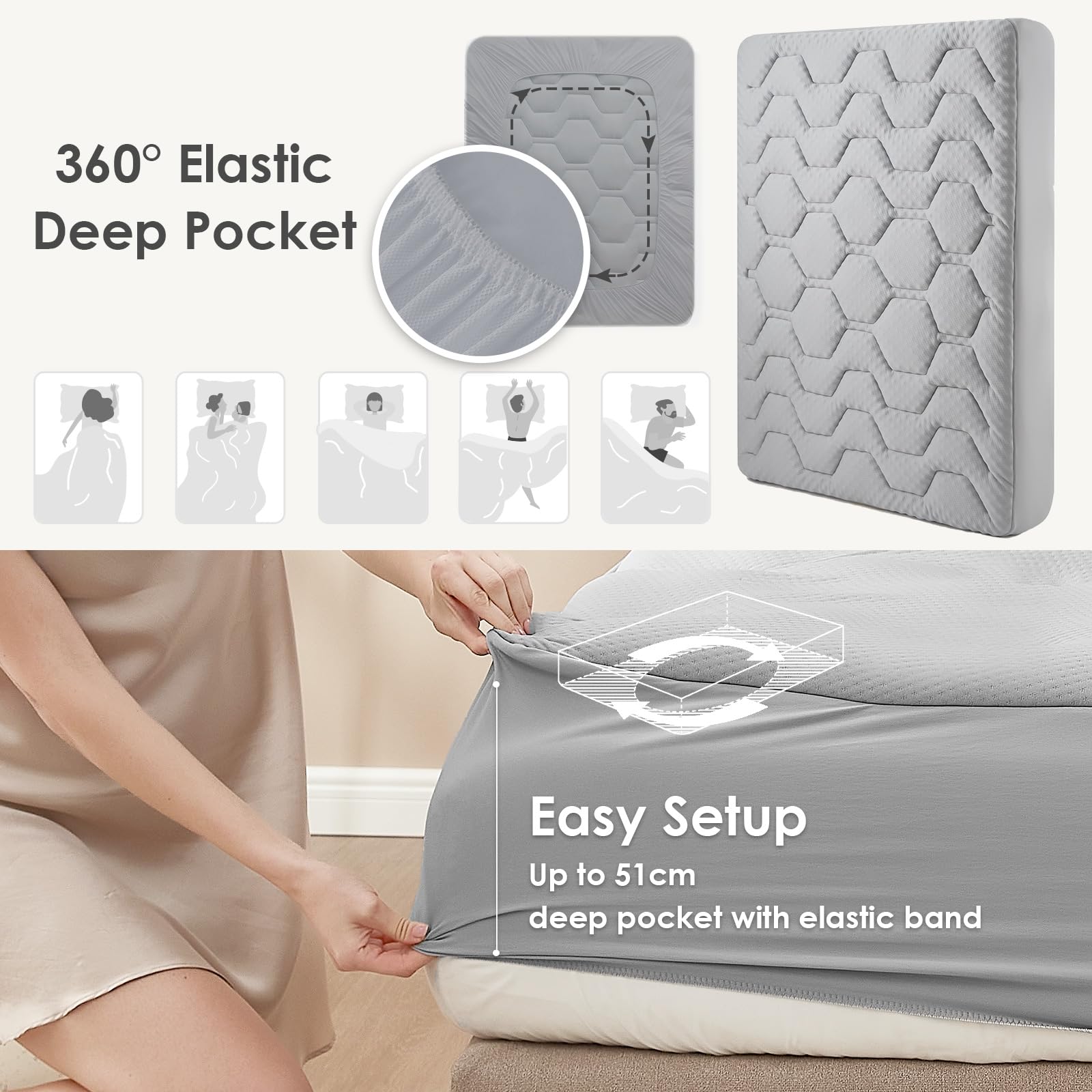 EHEYCIGA Topper Matrimoniale 160x190, Memory Foam Topper Materasso Respirabile con Tasca Extra Profonda, Grigio