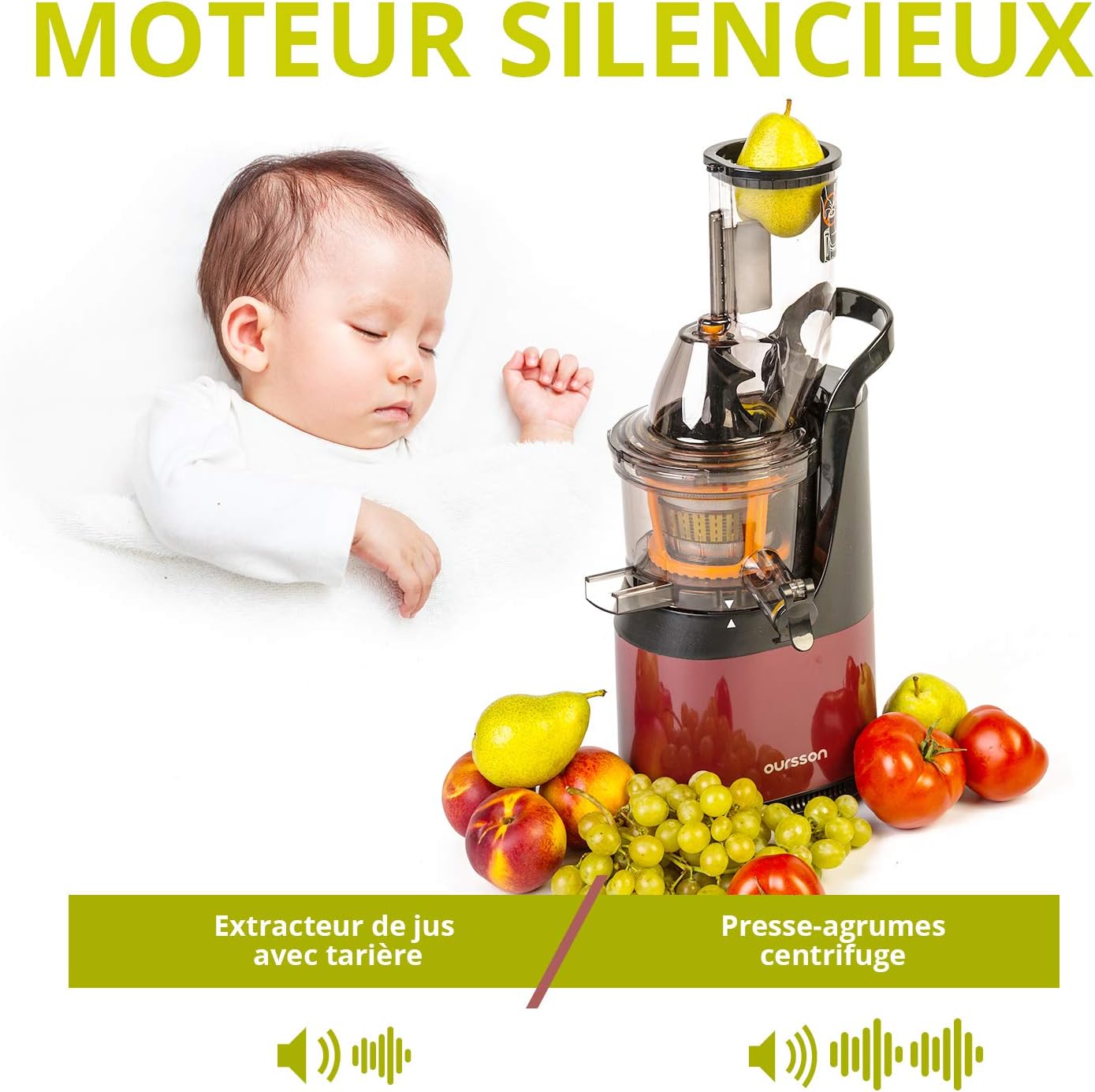 Comparison of juicer noise levels, showing a baby sleeping peacefully next to the Oursson slow juicer