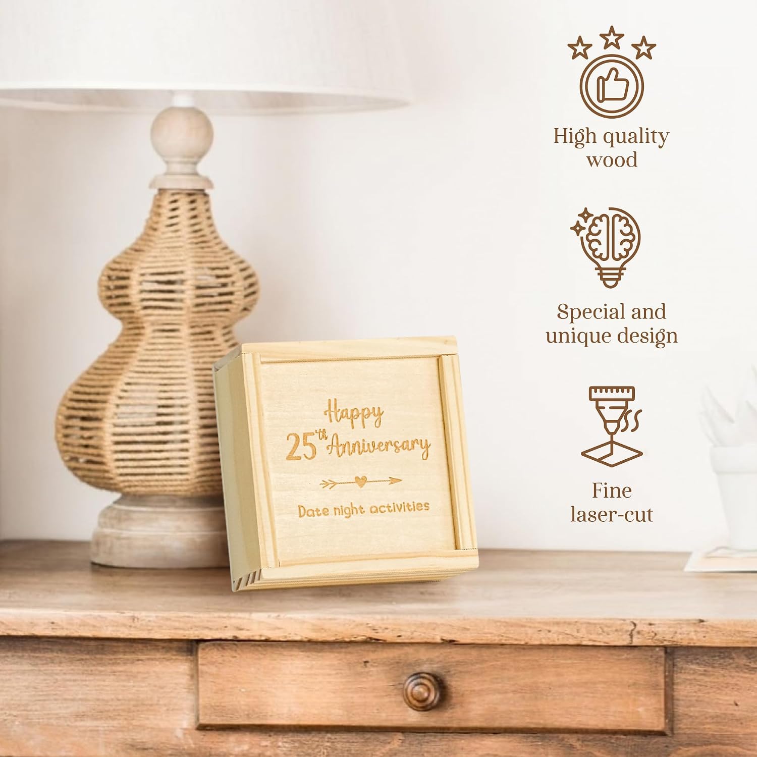 WOODAMORE 25 Year Anniversary Wood Gift Box, 52 Date Ideas for Couples image 3